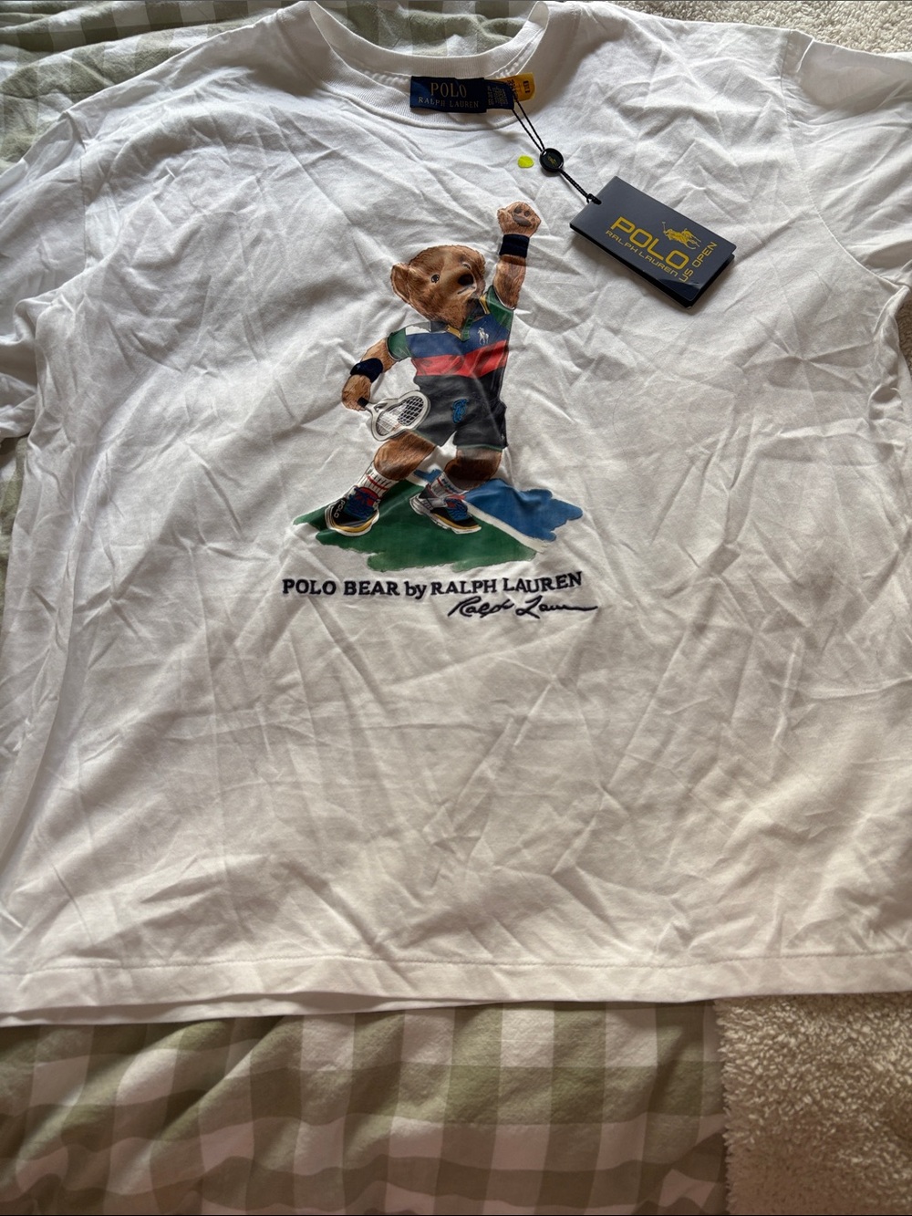 Ralph Lauren White Tee with Polo Bear Tennis Graphic